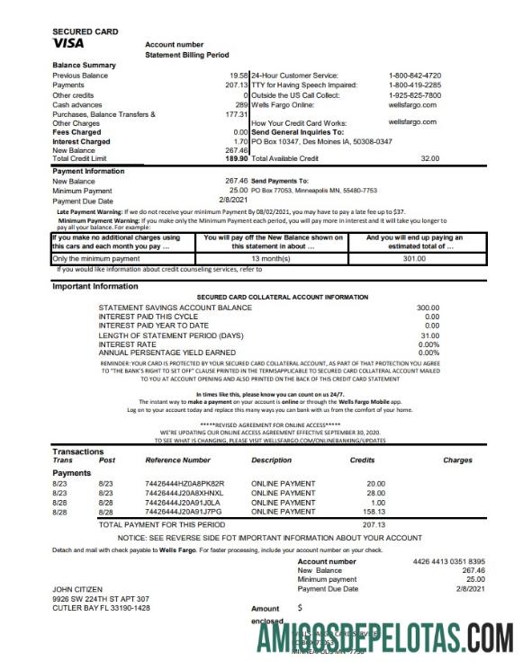 Exemplo de extrato de cartão de crédito do Wells Fargo Bank dos EUA em Excel PDF